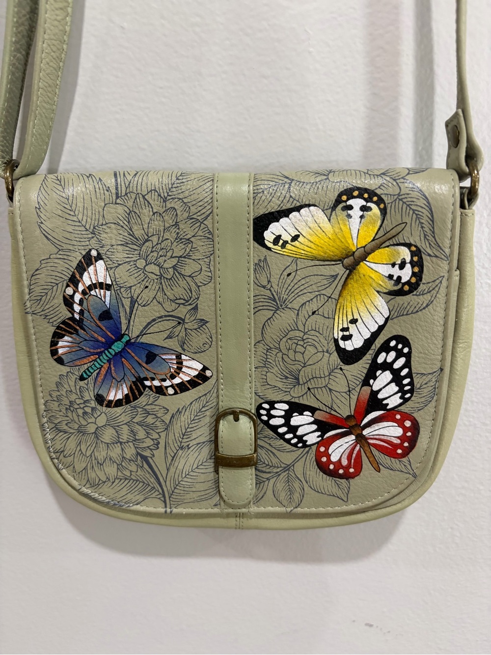 Anna by Anuschka Butterfly Print Crossbody Bag in Light Sage